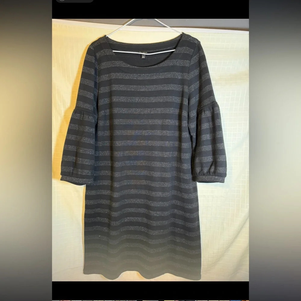 Women’s size L Talbots black silver striped dress holiday Work Casual 3/4 sleeve